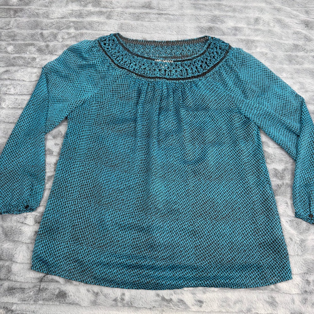 Coldwater Creek Teal Black Geometric Print Crochet Trim Blouse XL 16 4015870